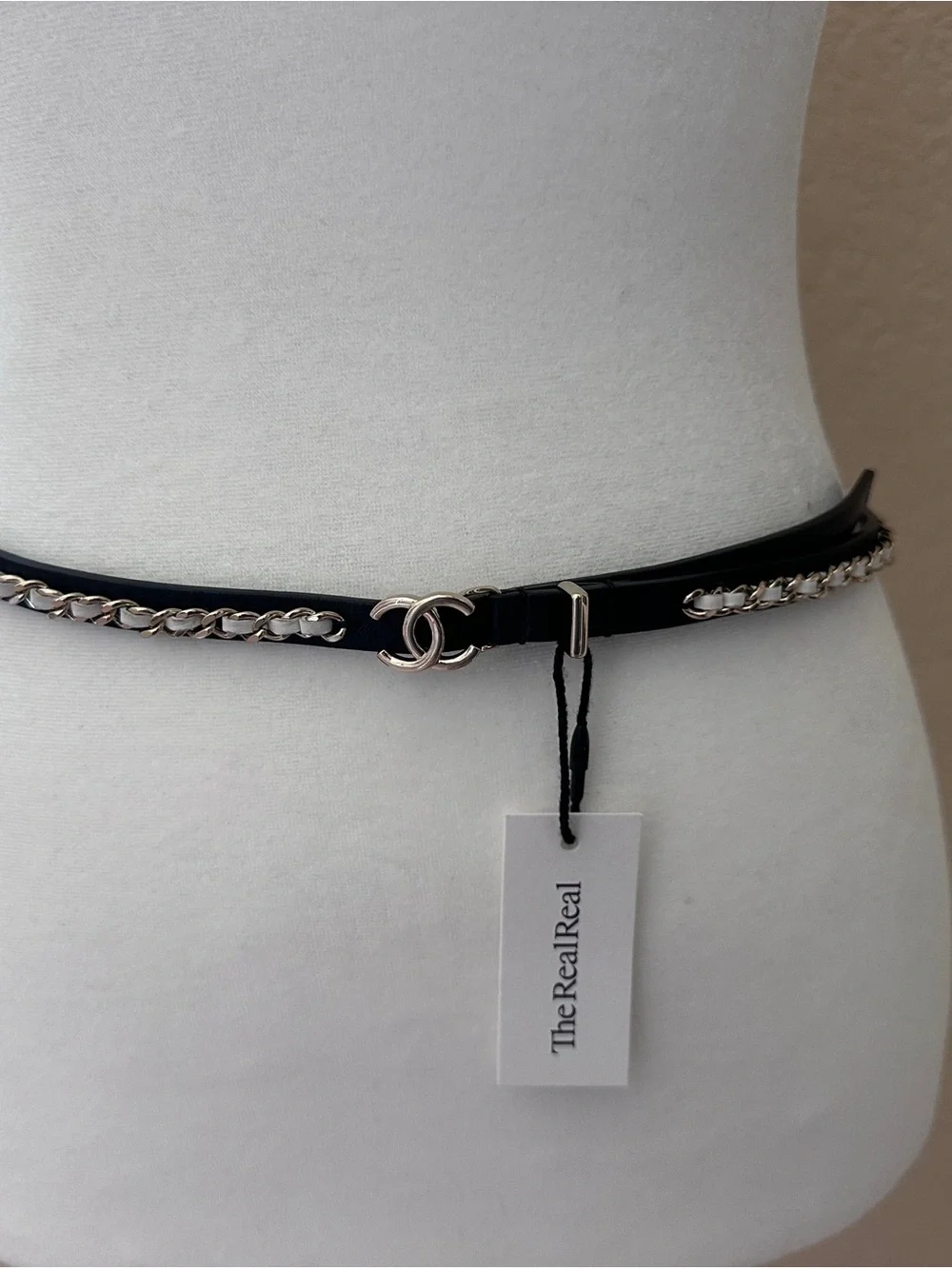 CHANEL Black Leather and Silver Chain Waist Belt with CC Logo